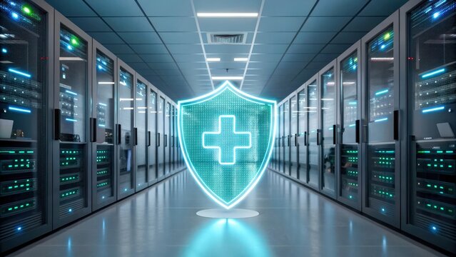 Cybersecurity in telemedicine hospital data center shield icon secure server corridor modern glow protection calm confidence