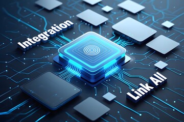 Conceptual digital illustration of a 'Link All' integration system, showcasing data flowing from multiple cards into a central processor for seamless and unified business management.