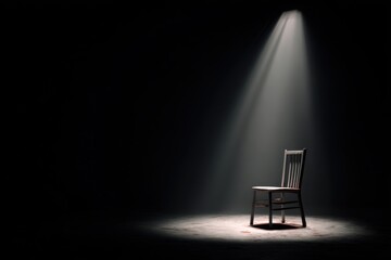 Single Wooden Chair in Spotlight Surrounded by Dark Space for Creative Conceptual Art and Minimalist Design