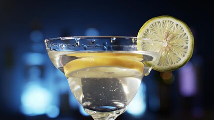 Stylized Martini Glass with Lemon Garnished and Slices and Splash Liquid In Dark Ambient Atmosphere with Yellow and Lemon Slices Perfect for Advertisement or National Lemon Day