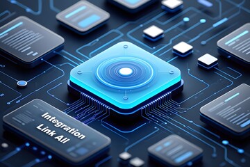 Conceptual digital illustration of a 'Link All' integration system, showcasing data flowing from multiple cards into a central processor for seamless and unified business management.