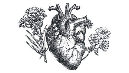 Anatomical Heart with Floral Elements in Sketch Style. Vector hand drawn illustration