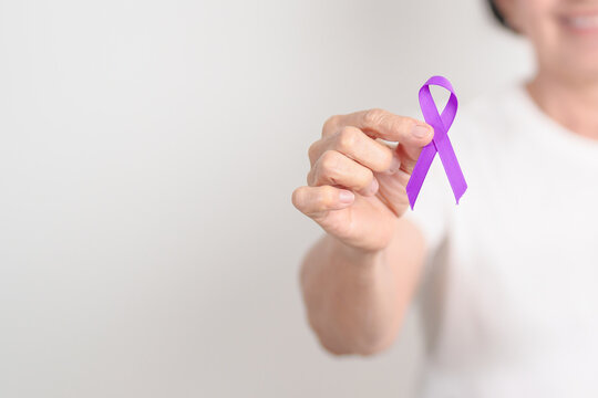 Elderly with Purple Ribbon for Violence, Pancreatic, Esophageal, Testicular cancer, Alzheimer, Epilepsy, Lupus, Crohn, Thyroid,  Sarcoidosis and Fibromyalgia. Awareness month and World cancer day - Powered by Adobe