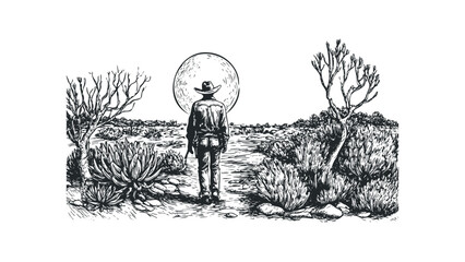 Lone cowboy with rifle walks through desert landscape under large moon. Vector hand drawn illustration
