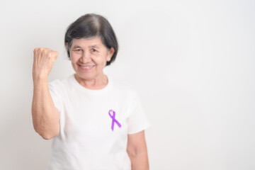 Elderly with Purple Ribbon for Violence, Pancreatic, Esophageal, Testicular cancer, Alzheimer, Epilepsy, Lupus, Crohn, Thyroid,  Sarcoidosis and Fibromyalgia. Awareness month and World cancer day
