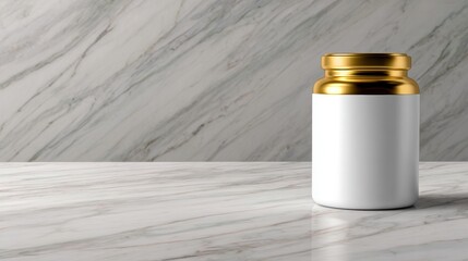 A sleek, empty white jar with a golden lid sits on a marble surface against a textured background