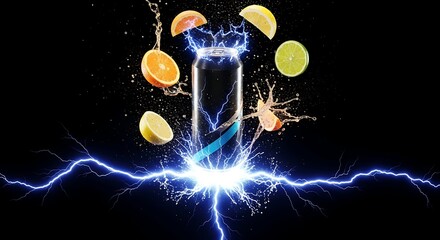 Refreshing citrus energy drink with electrifying splash on a dark background for a vibrant and dynamic beverage advertisement