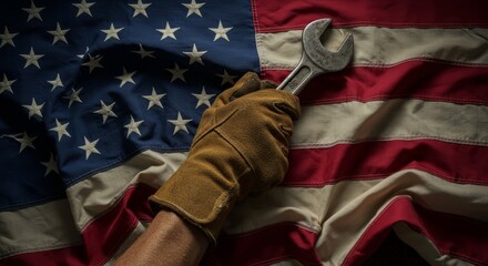 American Worker with Wrench and Flag