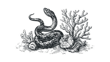 Obraz premium Engraved Serpent Coiled Around Seashell with Coral Branch. Vector hand drawn illustration