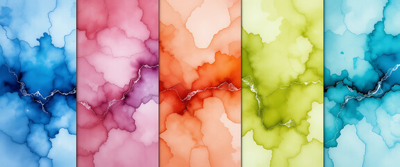 A vibrant collection of colorful abstract alcohol ink backgrounds. Fluid art textures with a marble vein effect for modern design
