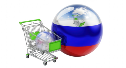 Russian market concept with shopping cart and flag sphere isolated on transparent background