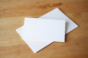 White business card on wooden table. Blank portrait A4. 3d rendering.