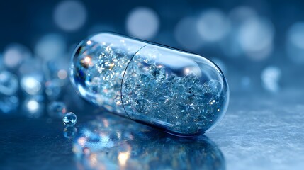 Futuristic translucent capsule floating against a blue medical backdrop with light refraction.