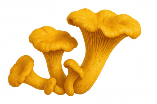 Golden chanterelle mushrooms gleaming, revealing intricate ruffled edges against transparent backdrop with warm yellow-orange hues