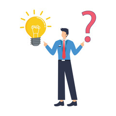 businessman hands hold question mark and lightbulb reply symbolizing solving problems  for answer in flat design stock illustration
