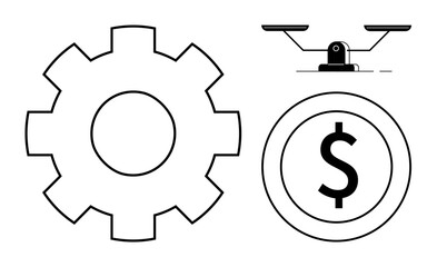 Gear, dollar coin, and balance scale representing efficiency, finances, and fairness. Ideal for business, economics, balance equity productivity decision-making and cost-benefit themes. Simple
