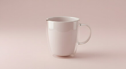 Obraz premium A pristine, empty glass mug with a handle, set against a soft, pink background.