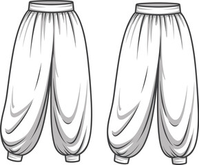 Traditional baggy harem pants, loose fit trousers design, ethnic clothing illustration, boho fashion apparel sketch, cultural wear vector, wide leg pants graphic