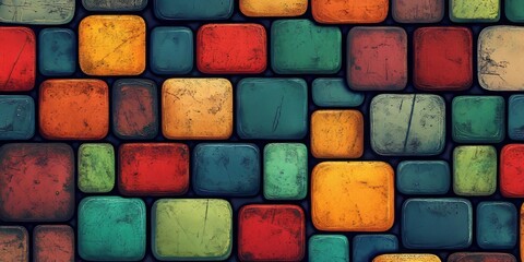 A vibrant abstract mosaic of colorful, rounded rectangles with a weathered texture, in a flat graphic on websites or blogs for backgrounds, design, or topics on diversity and creativity