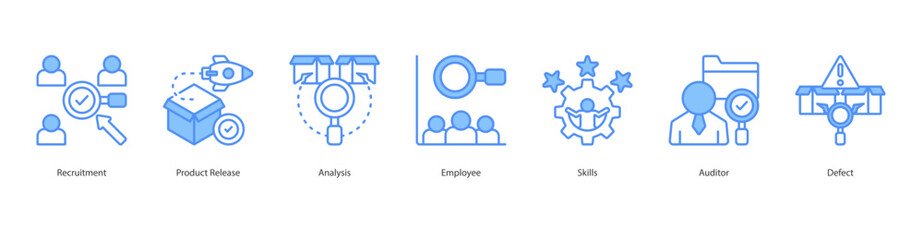 Product Quality Analysis banner web icon set vector illustration concept with icon of recruitment, product release, analysis, employee, skills, auditor, defect