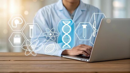 Cybersecurity telemedicine concept and workflow, medical data privacy with doctor using laptop, dna icon overlay, secure network digital health care - Powered by Adobe