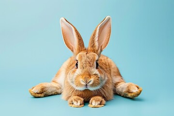 Obraz premium Domestic rabbit lies calmly on plain background in studio. Serene atmosphere highlights the rabbit's cute features during daytime.