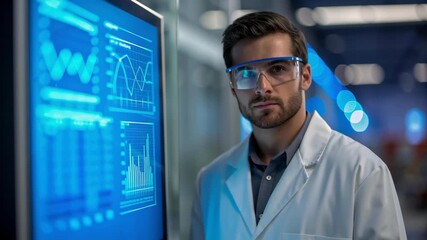 Focused scientist lab coat safety glasses amid blue light data dashboard analytics research technology laboratory professional cybersecurity - Powered by Adobe