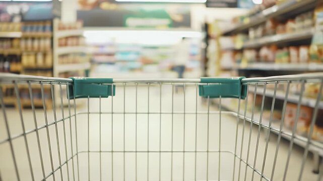 Empty Shopping Cart in Supermarket Aisle