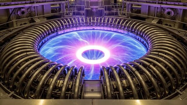 Futuristic energy generator with plasma glow in industrial setting