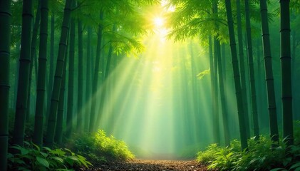 Obraz premium Serene bamboo forest bathed in soft morning sunlight, mist clinging to the lush green leaves A tranquil scene evoking peace and natural beauty , environment, korean