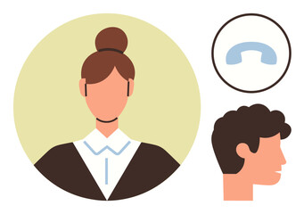Two individuals representing communication, collaboration, and customer service alongside a phone connection. Ideal for teamwork, support, dialogue, networking, service, connection simple flat