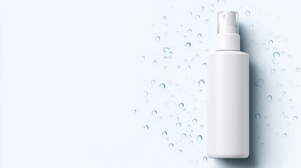 Minimalistic white spray bottle on a light background with water droplets, ideal for beauty product advertising