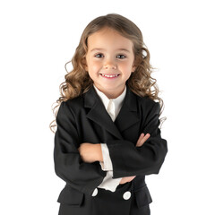 Smiling little girl wearing lawyer uniform standing front view isolate on transparency background