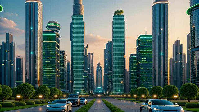 Futuristic city skyline with smart hospital hub and telemedicine cybersecurity network, green architecture and smart mobility, electric car avenue