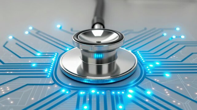 Cybersecurity telemedicine digital shield for data privacy and secure network, digital stethoscope circuit board, remote care patient data encryption