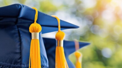 Graduation Caps with Yellow Tassels on Sunny Green Background, Symbolizing Academic Achievement and Future Success