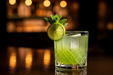 Refreshing green cocktail with lime and mint garnish on a dark bar counter