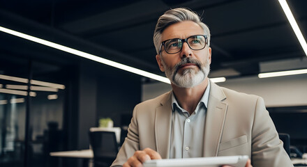 Professional mature businessman with gray hair and beard wearing glasses in modern office environment holding a tablet device and looking thoughtfully into the distance