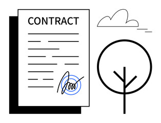Contract signed with marked signature alongside tree and cloud, representing sustainability, agreements, eco-friendly practices. Ideal for business, legal, sustainability, ecology, environment