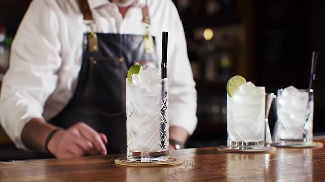 Expertly Crafted Gin Ricky Cocktail Presentation in a Dimly Lit Upscale Bar Setting Featuring Elegant Glassware Ice Cubes Gin and Fresh Lime Wedge with a Black Stir Stick at Eye Level