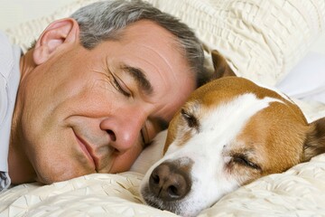 Middle-aged man enjoys peaceful moment in bedroom with sleeping dog. Calm atmosphere creates serene indoor setting during daytime.