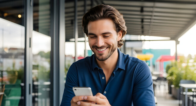 Happy young man using smartphone outdoors at cafe smiling and enjoying technology in a modern urban setting for business communication and social media