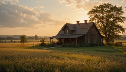 Fototapeta premium Rustic Farmhouse Surrounded by Fields at Golden Hour