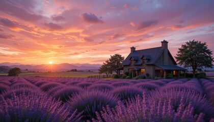 Under a vibrant sunset sky, a rustic country cottage is surrounded by lavender fields that are in bloom.