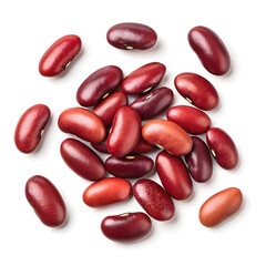 Close-up of dried kidney beans scattered on a white background, highlighting their deep red color