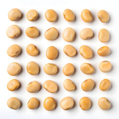 Fototapeta premium Close-up of dried lupin beans neatly arranged on a white background, showcasing their smooth texture