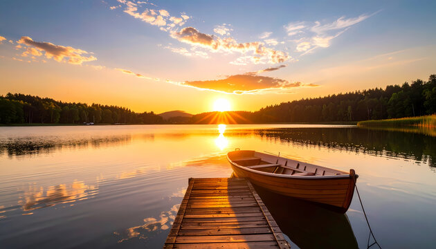 Tranquil sunset over calm lake with wooden boat at pier. Beautiful golden light and sunbeam reflect on water creating serene scene