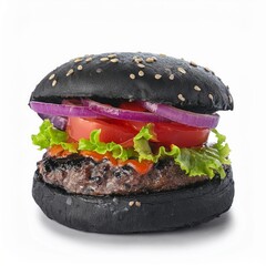 Delicious Black Burger with Beef Patty Red Onion Tomato and Lettuce