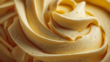 Close up of a yellow frosting swirl with detailed texture and soft lighting creating a smooth appearance