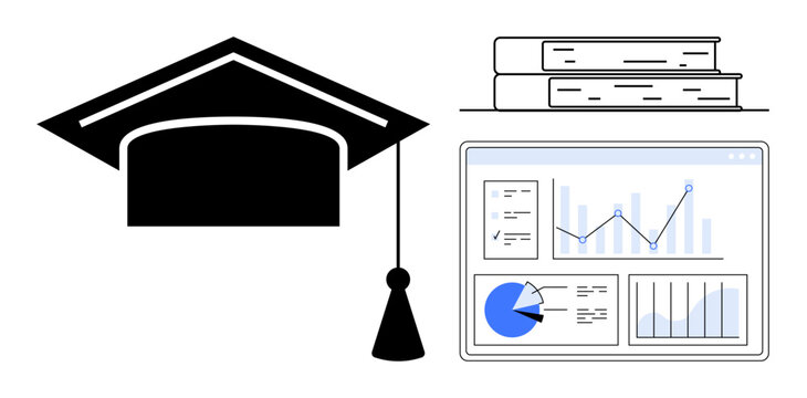 Graduation cap, stacked books, and data dashboard with graphs and charts. Ideal for education, online courses, academic research, data-driven learning, knowledge growth, student support simple